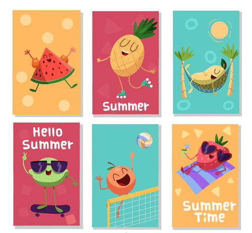  6款可爱夏季表情水果卡片矢量图